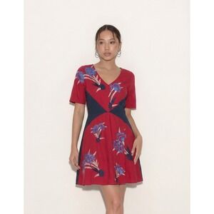 eShakti Red Navy Blue Floral Embroidered V-Neck Fit & Flare Mini Dress Womens 6